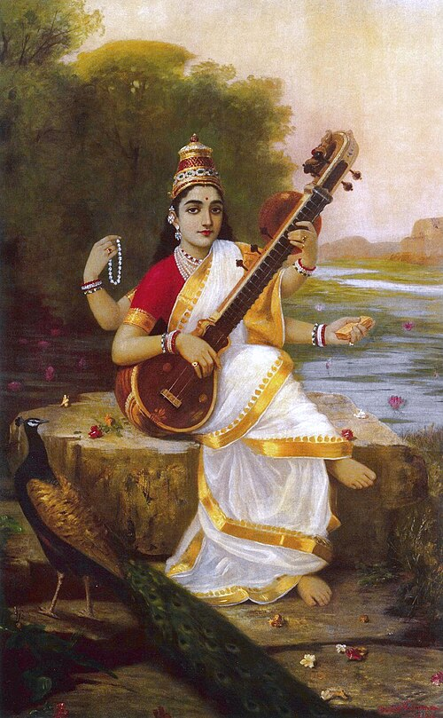 A classical painting of Saraswati, the Hindu goddess of wisdom and the arts, playing her veena by a river, symbolizing knowledge and creative energy.