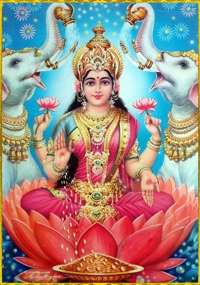 A classic Gaja Lakshmi depiction: the Hindu goddess of wealth sits on a lotus with abhaya and varada mudras, jeweled ornaments, and lotuses in hand, while two elephants bathe her—signifying spiritual grace and material prosperity, with gold coins representing ever-flowing abundance.