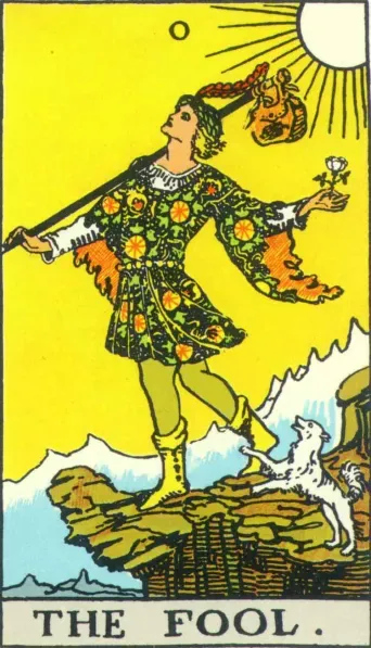 The Fool tarot card (Rider–Waite–Smith): carefree traveler stepping toward a cliff with white dog, rose, and knapsack—new beginnings, leap of faith.