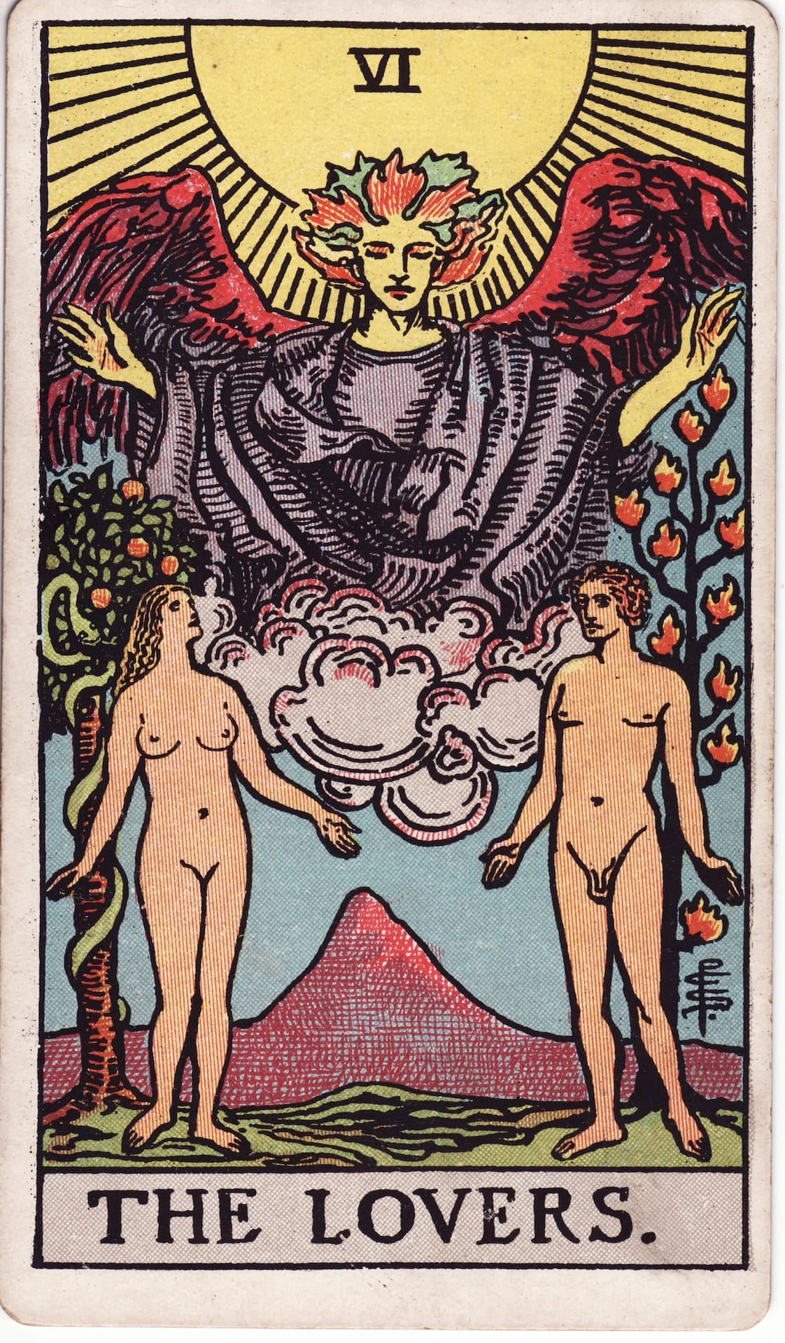 The Lovers tarot card (Rider–Waite–Smith): angel above nude couple between serpent tree and flaming tree, mountain behind—love, values alignment, relationship choice.