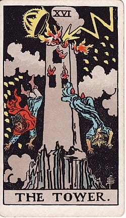 The Tower tarot card (Rider–Waite–Smith): lightning shatters a crowned tower; figures fall amid flames—sudden upheaval, revelation, collapse for renewal.