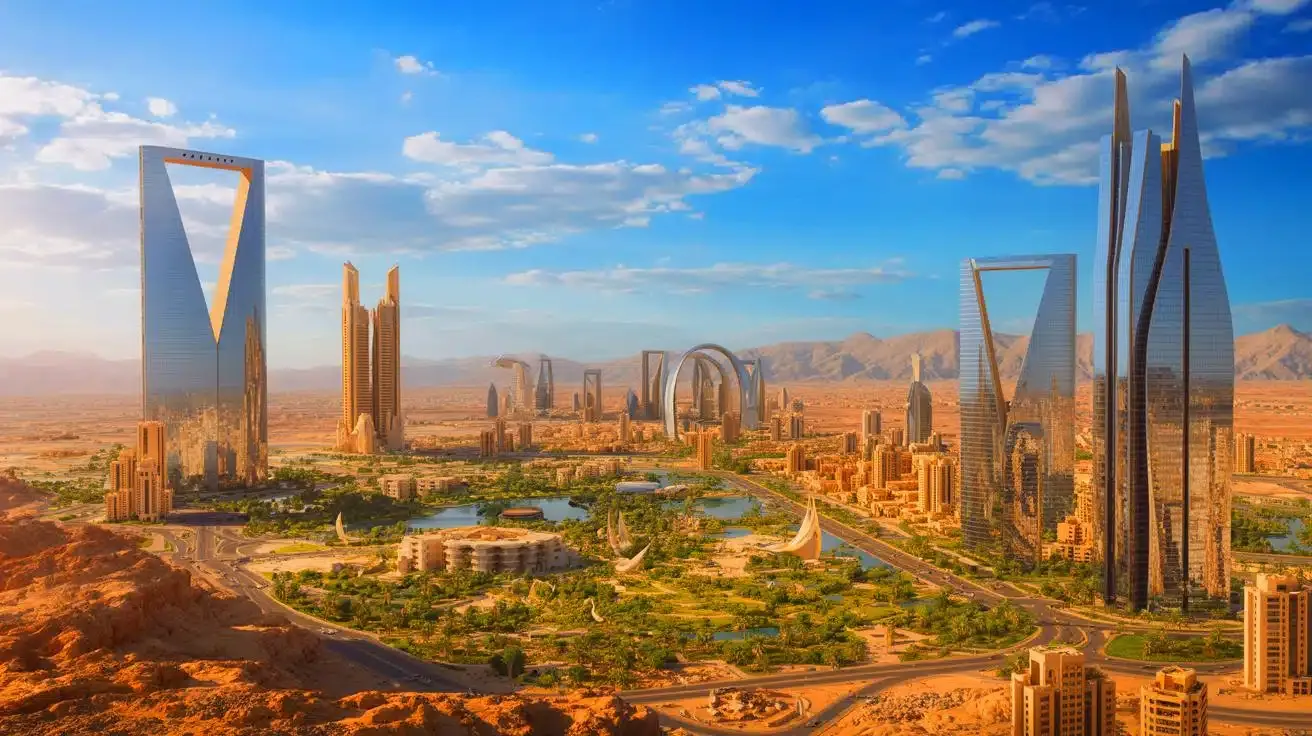 Illustration of the Neom project transforming the Saudi Arabian desert with futuristic architecture.
