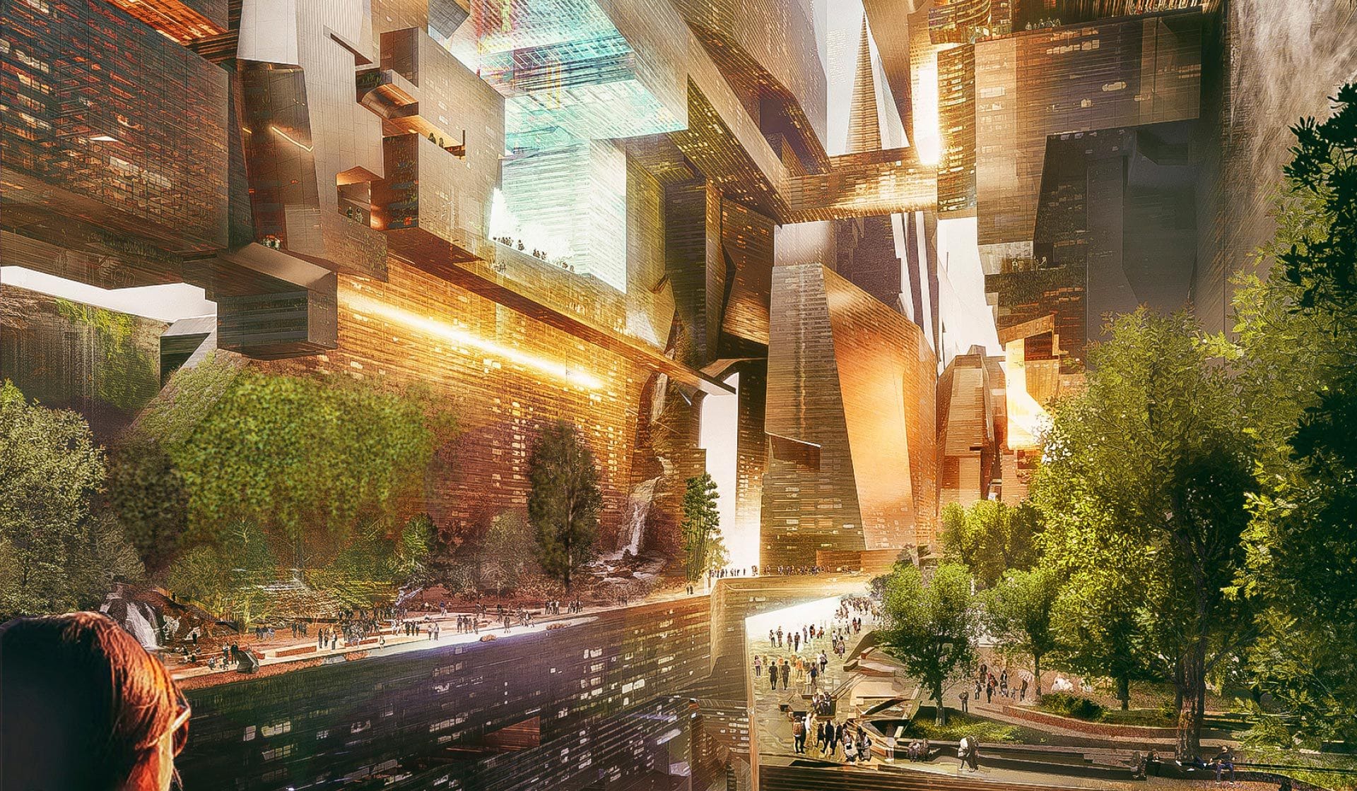 Futuristic city concept of The Line in Saudi Arabia glowing with golden light, vertical architecture, lush greenery, and people walking beneath visionary mirrored structures