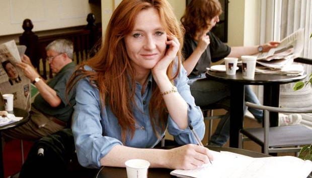 J.K. Rowling writing in a café, representing identity persistence, belief, and the Law of Assumption before success