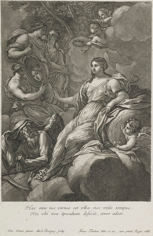 Allegory of contemplation and reflection (1666) by François Tortebat, showing a draped woman gazing into a mirror held by the Graces, with Time lying at her feet, symbolizing self-knowledge and inner discipline.