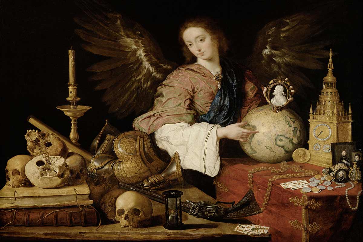 Allegory of Vanity by Antonio de Pereda, showing an angel surrounded by symbols of wealth, power, time, and mortality, illustrating the illusion of worldly desire.