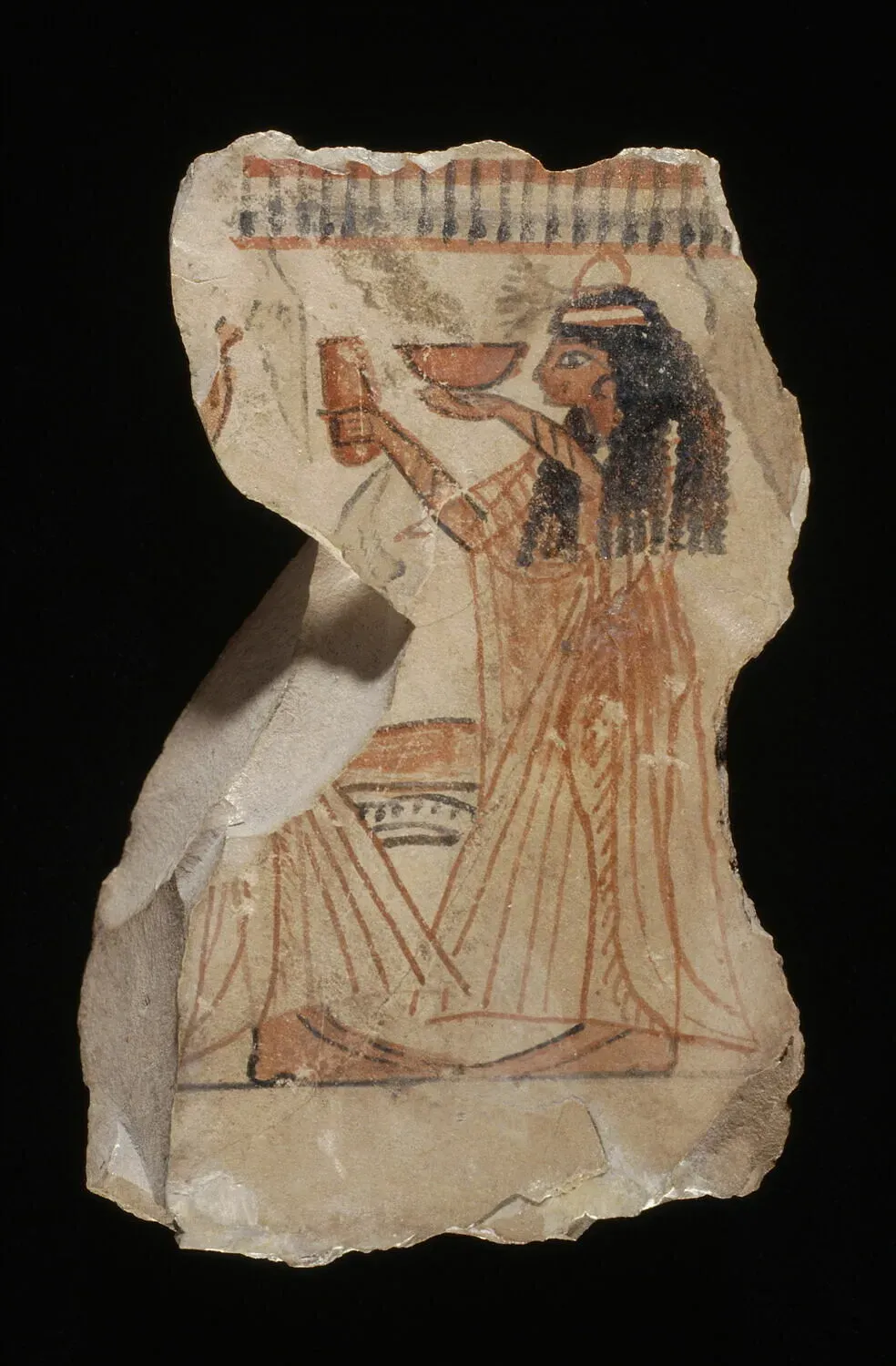 Ancient Egyptian wall fragment depicting a woman presenting a bowl and vessel, associated with ritual offering and fragrance preparation