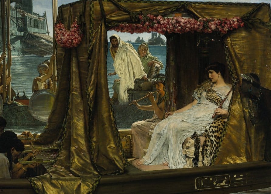 Cleopatra VII on a ceremonial barge on the Nile, painting by Lawrence Alma-Tadema