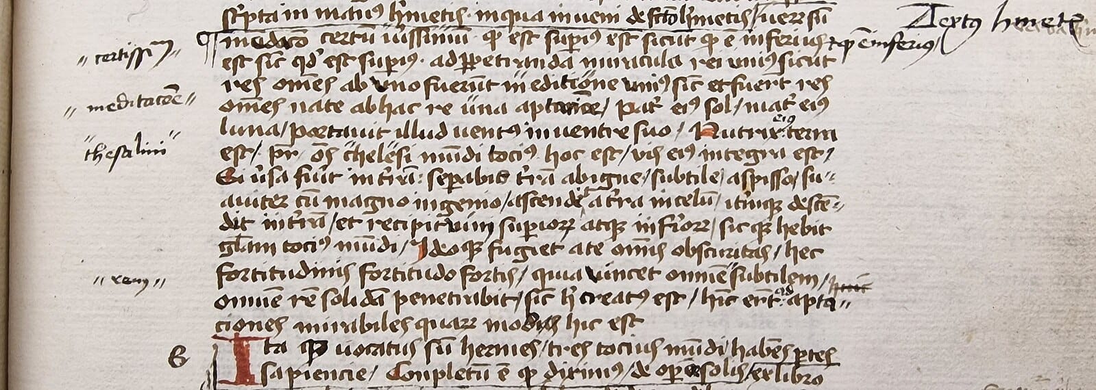 Latin manuscript witness of the Emerald Tablet transmitting the core Hermetic principle attributed to Hermes Trismegistus.
