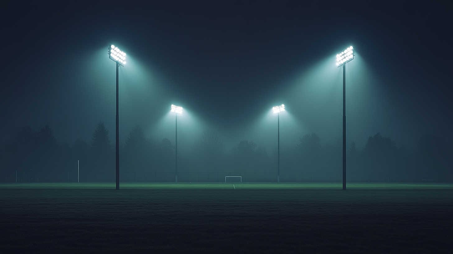 Empty football pitch at night under floodlights, symbolizing the inner arena where discipline and identity are formed in silence