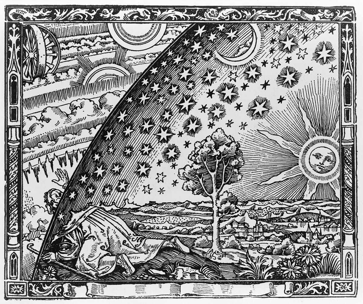 Flammarion engraving depicting a seeker passing beyond the visible sky into the hidden structure of the universe