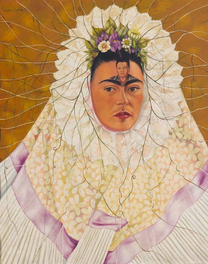 Frida Kahlo’s painting Autorretrato como Tehuana (Diego en mi pensamiento) (1943), showing the artist in traditional Tehuana dress with Diego Rivera depicted on her forehead.
