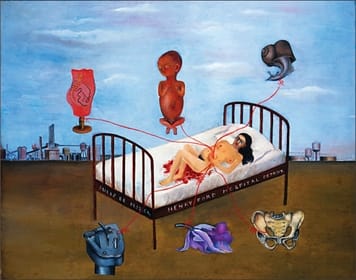 Frida Kahlo’s painting Henry Ford Hospital (1932), depicting the artist lying on a hospital bed connected by red cords to symbolic objects against an industrial landscape.