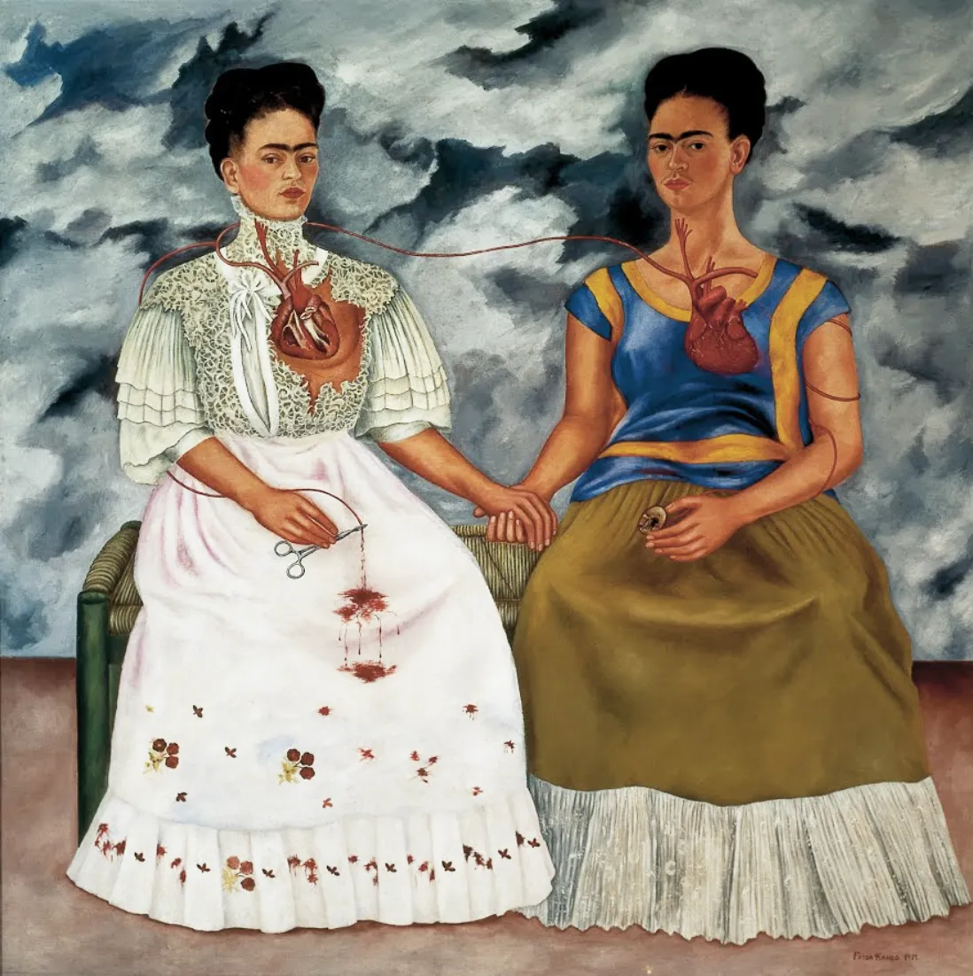 The Two Fridas by Frida Kahlo, depicting two seated versions of the artist connected by exposed hearts, symbolizing identity, inner duality, and emotional truth.