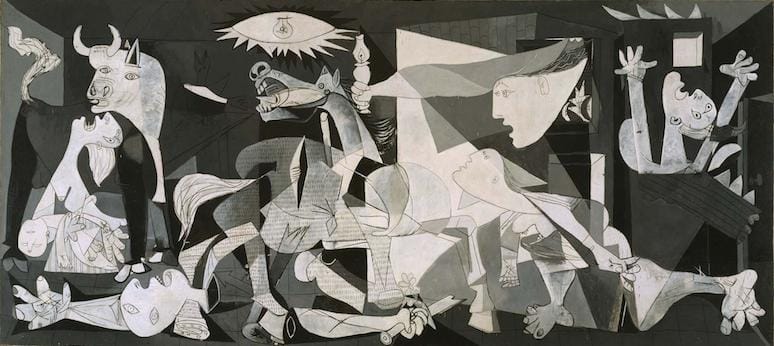 Guernica (1937) by Pablo Picasso, a monumental anti-war painting transforming collective suffering into enduring moral powe