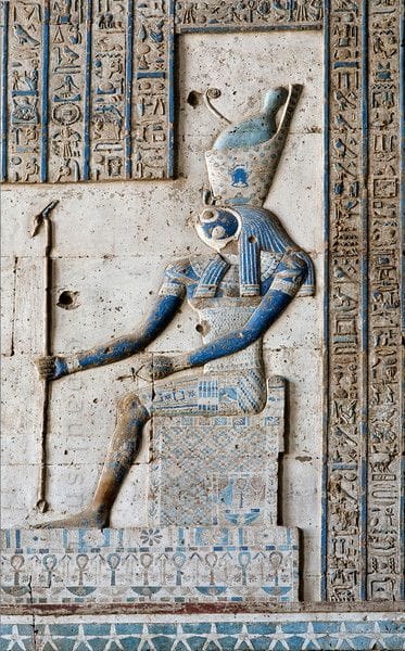 Horus seated on the throne wearing the double crown at the Temple of Hathor, Dendera.