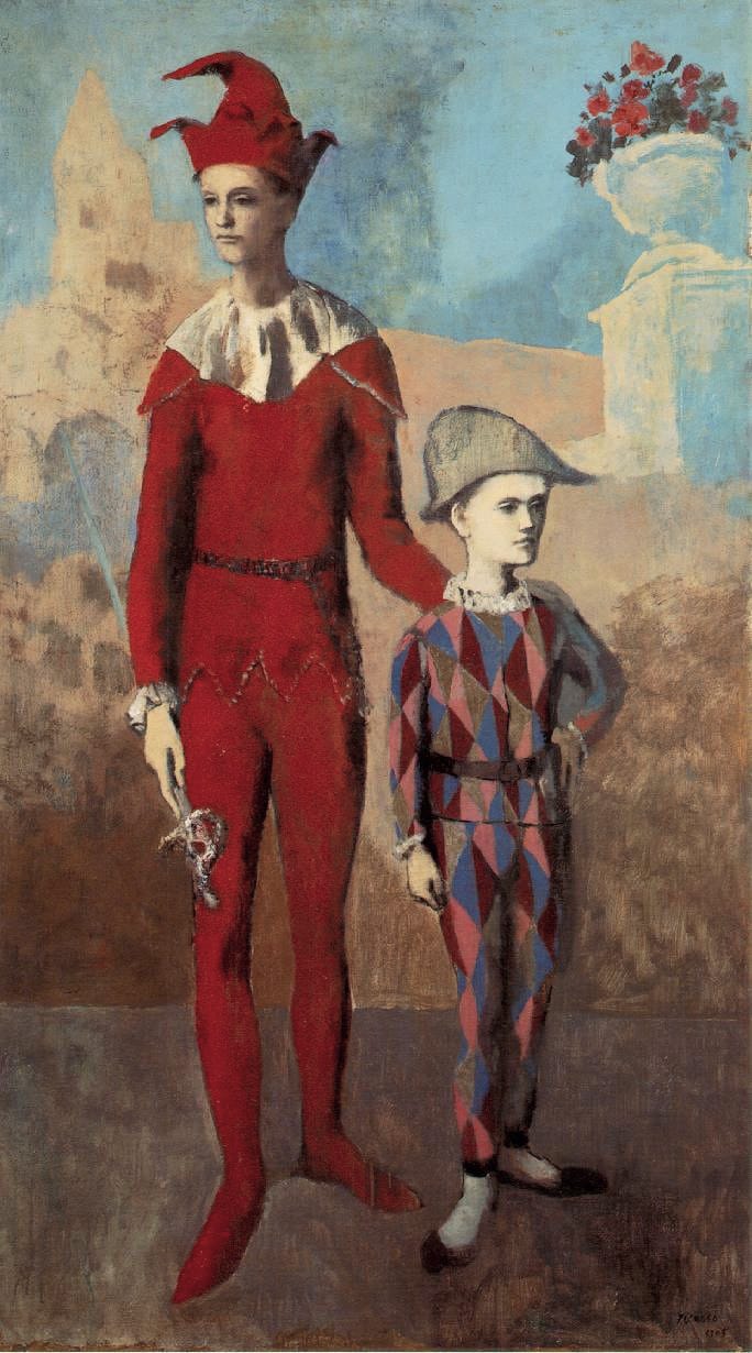 Acrobat and Young Harlequin (1905) by Pablo Picasso, a Rose Period painting expressing disciplined play, balance, and creative devotion