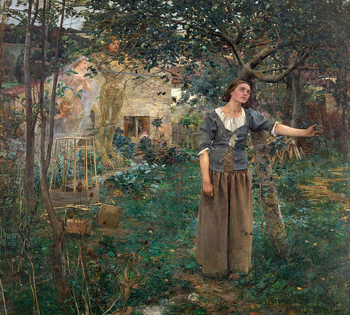 Jeanne d’Arc standing in contemplation as unseen voices surround her, painting by Jules Bastien-Lepage (1879)
