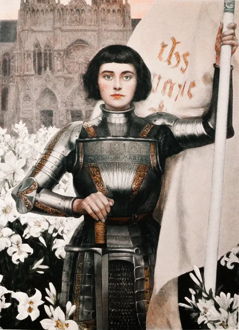 Joan of Arc depicted in armor holding a banner, representing the divine feminine warrior and oracle archetype of conviction, courage, and guidance.