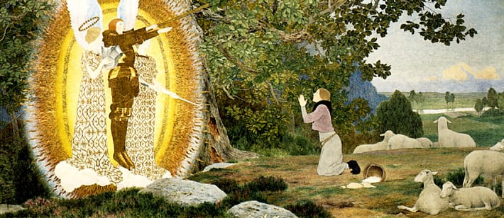 Joan of Arc kneeling before her Voices as a radiant angel appears, painting by Louis-Maurice Boutet de Monvel (1911)