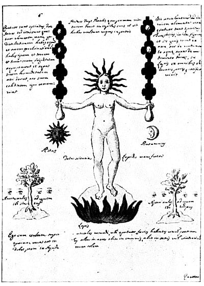 Alchemical manuscript illustration of the Paschal Virgin symbolizing the Philosopher’s Stone and the union of spiritual and material elements