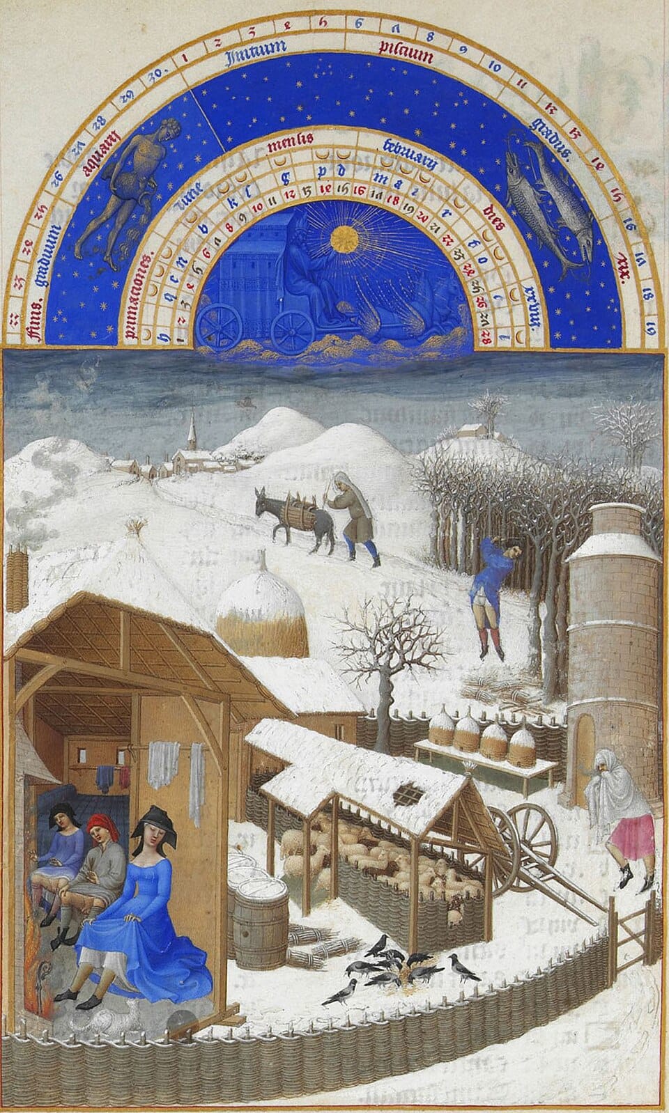 Snow-covered medieval French village in February from Les Très Riches Heures du Duc de Berry, showing peasant homes, winter labor, and rural life in 15th-century France