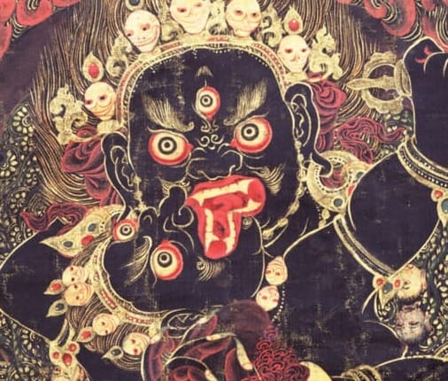 Detail of Mahākāla’s face from a Central Tibetan Buddhist thangka, Rubin Museum of Art (Accession F1996.14.1).