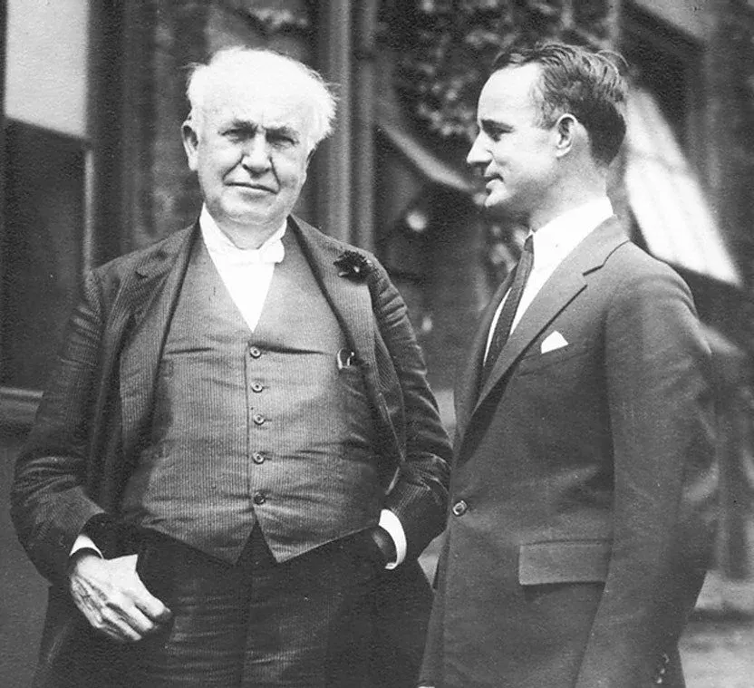 Napoleon Hill standing with Thomas Edison, representing mentorship, belief, and the subconscious principles behind Think and Grow Rich