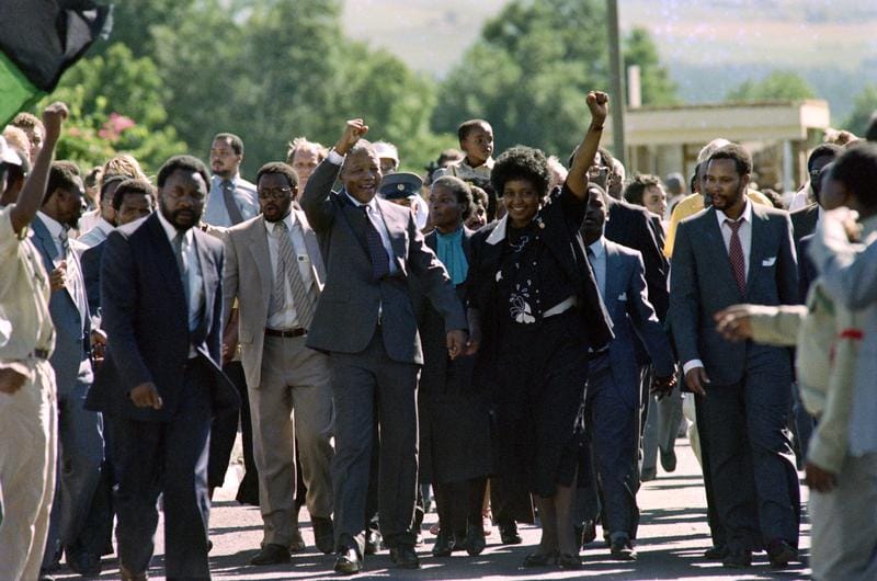 Nelson Mandela walking free after his release from Victor Verster Prison in 1990