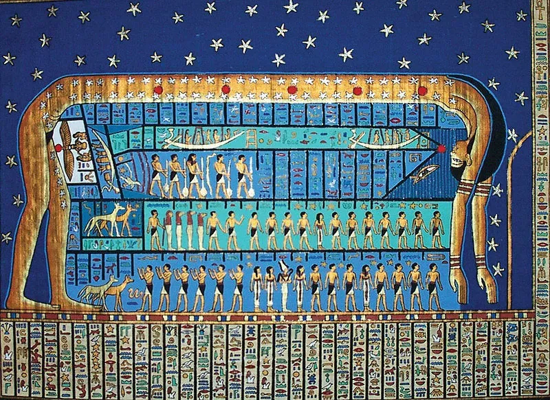 Ancient Egyptian depiction of the sky goddess Nut arching over a star-filled cosmos, symbolizing destiny, alignment, and the pre-existing order of reality.