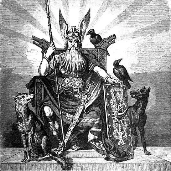 Odin enthroned with ravens Huginn and Muninn and wolves Geri and Freki in a 19th-century Norse mythology illustration