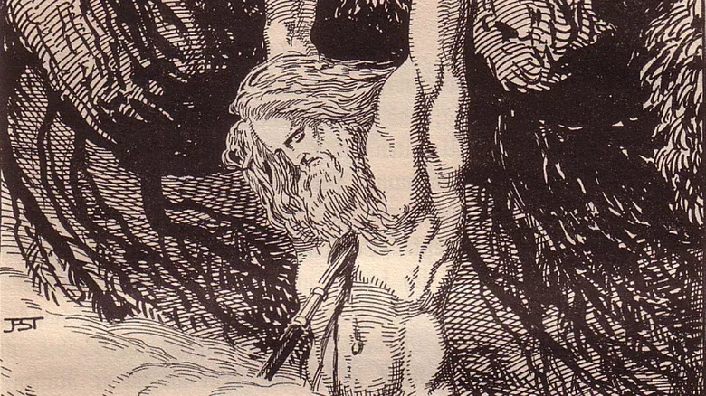 Odin hanging from the World Tree Yggdrasil, pierced by a spear during his self-sacrifice to gain the wisdom of the runes in Norse mythology.