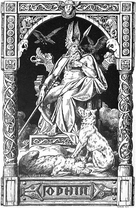 Odin seated with the spear Gungnir, accompanied by ravens and wolves in a Norse mythology illustration