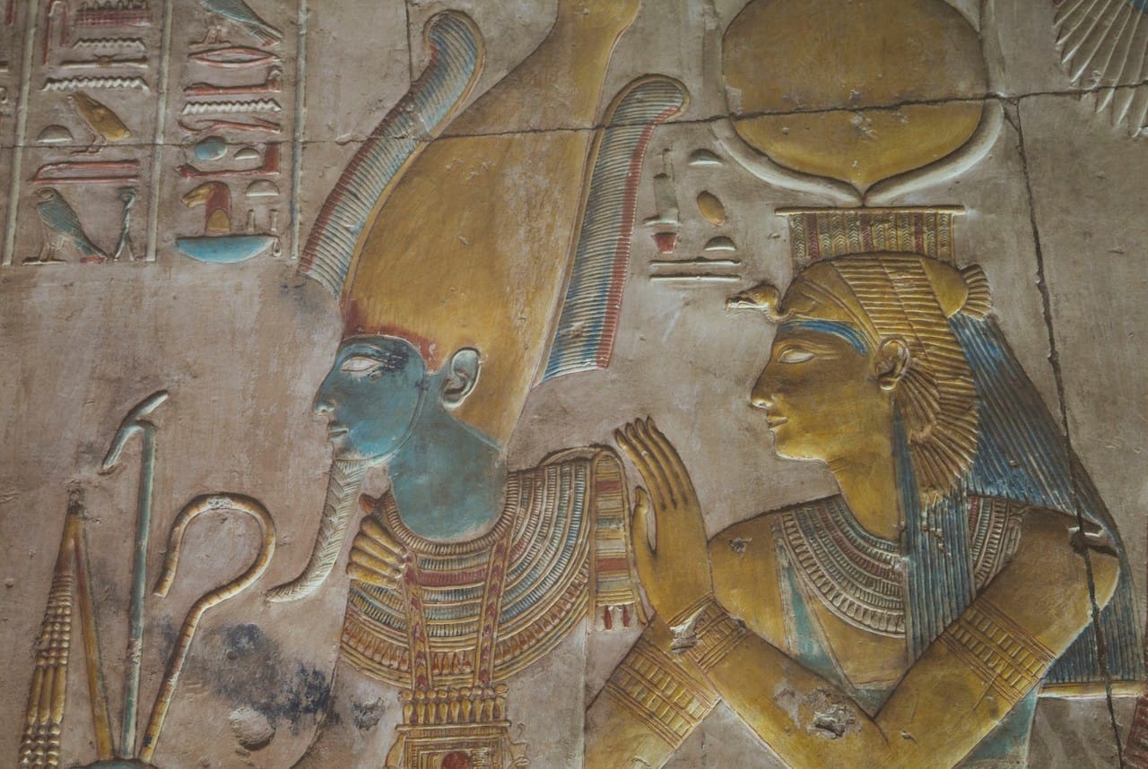 Painted relief of Osiris and Isis in the Temple of Seti I at Abydos