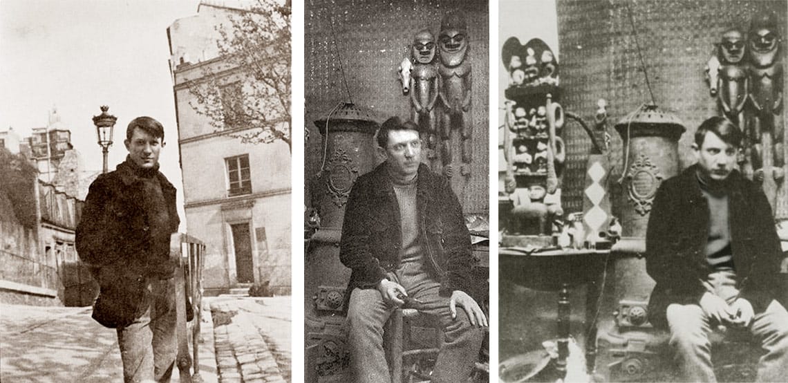 Pablo Picasso at Le Bateau-Lavoir studio in Montmartre, Paris, during his early years, embodying identity before recognition