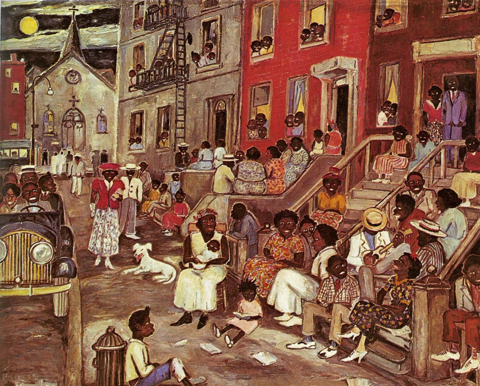 Harlem Renaissance street scene painting by Palmer Hayden depicting everyday life in 1930s Harlem