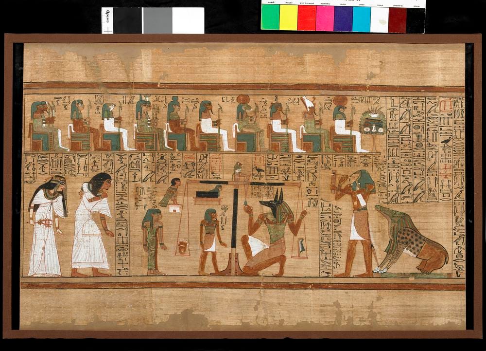 Book of the Dead scene showing Anubis weighing a heart against the feather of Ma’at