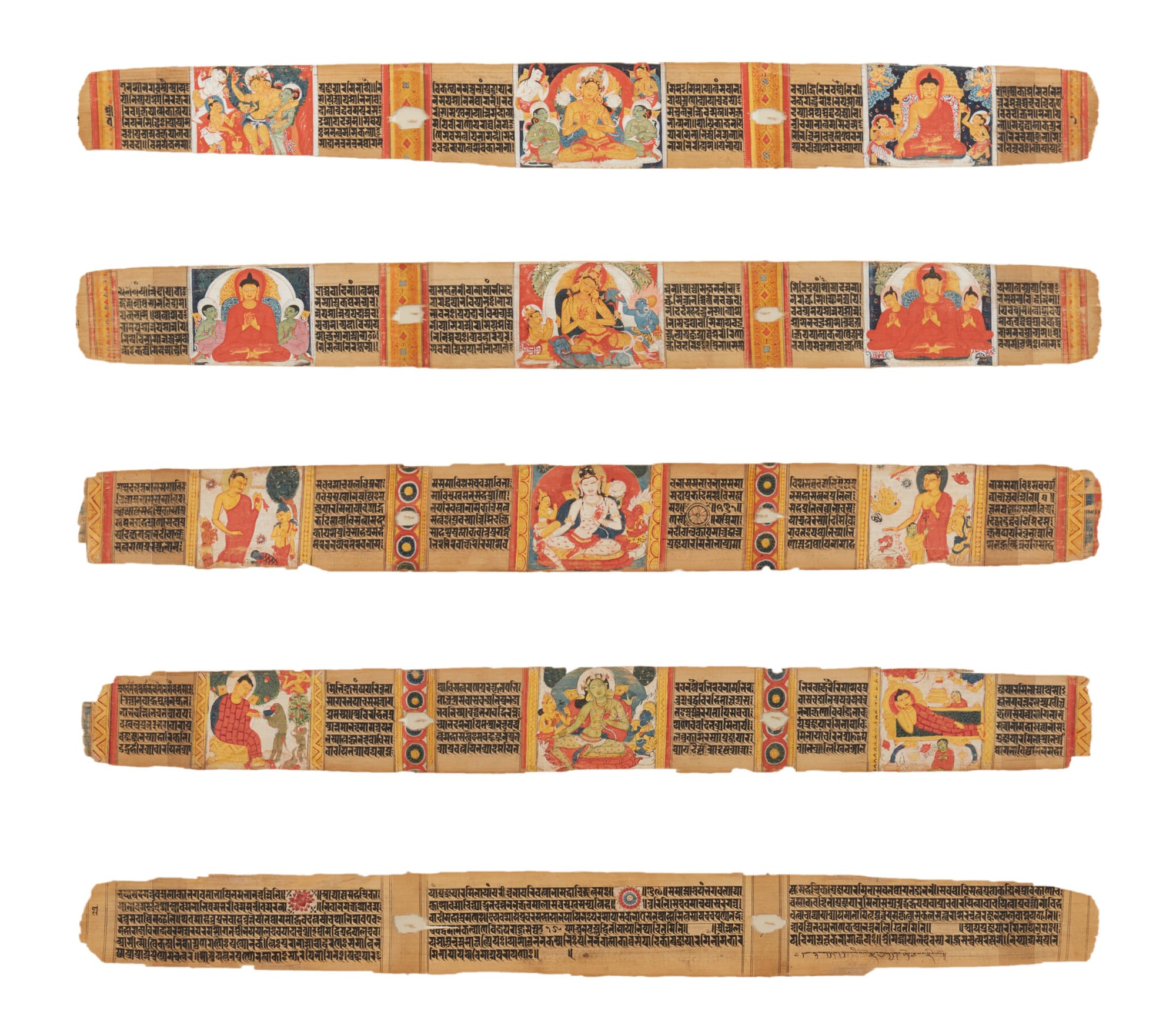 Illuminated palm-leaf pages from the Prajnaparamita Sutra manuscript created at Nalanda Monastery in India during the 11th–12th century.