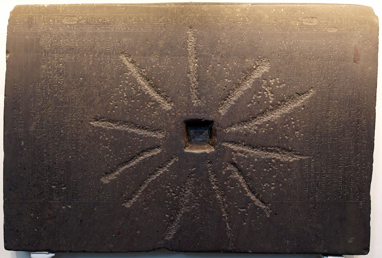 The Shabaka Stone, an ancient Egyptian inscription describing creation through the heart and tongue of the god Ptah, British Museum