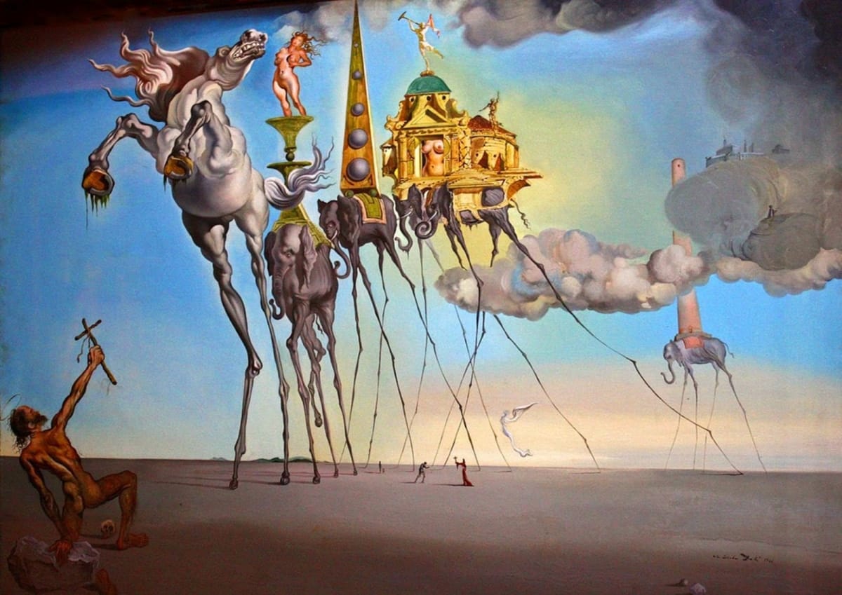 Surrealist painting The Temptation of St. Anthony by Salvador Dalí, depicting elongated figures and symbolic temptations confronting a solitary man in a desert landscape.