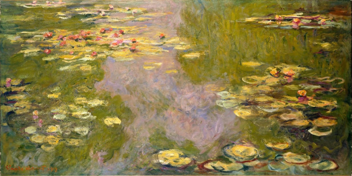 Claude Monet’s Water Lilies painting depicting reflections and stillness on the surface of water.