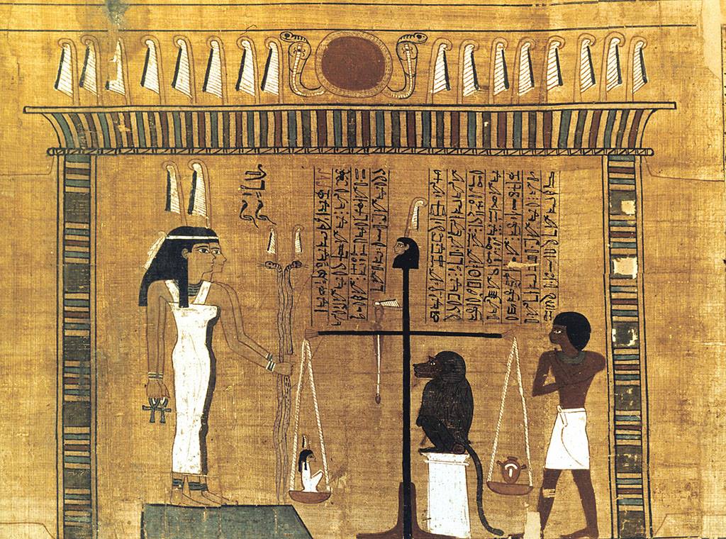 Weighing of the Heart ceremony showing Thoth as a baboon recording judgment in the Hall of the Two Maat