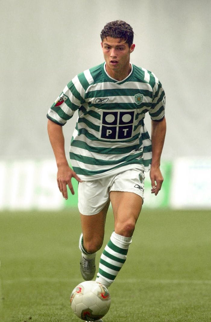 Young Cristiano Ronaldo playing for Sporting CP, lean and focused, before physical maturity and global recognition
