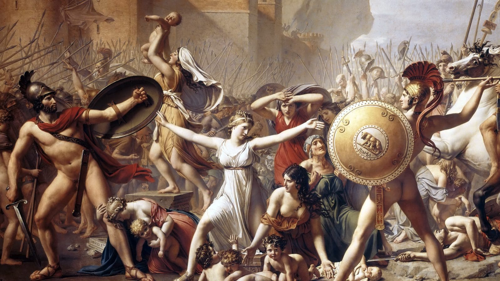 The Intervention of the Sabine Women by Jacques-Louis David, symbol of deliberate will interrupting unconscious momentum
