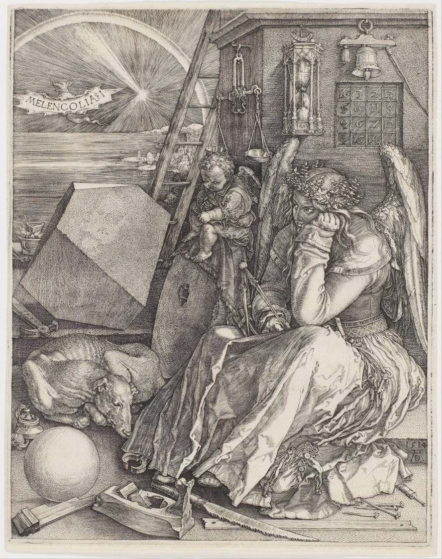 Albrecht Dürer’s Melencolia I (1514), an engraving depicting an unmoving figure surrounded by instruments of measurement and time, expressing law, structure, and causation operating independently of human action.