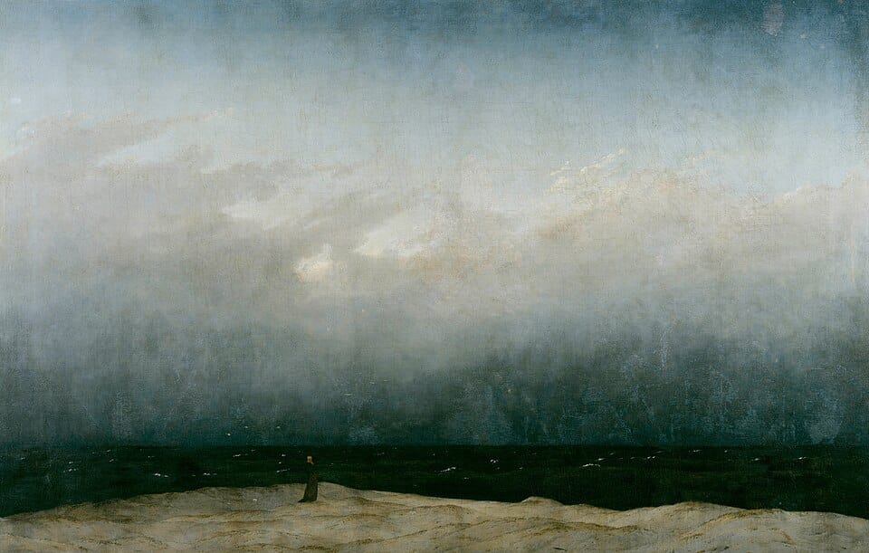 Caspar David Friedrich’s Monk by the Sea, depicting inner stillness and solitary contemplation, held at the Alte Nationalgalerie in Berlin