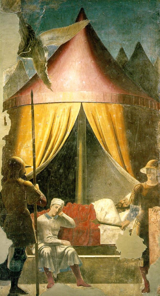 Angel descending to a sleeping Constantine in Piero della Francesca’s “The Dream of Constantine,” symbolizing destiny decided before action, Arezzo