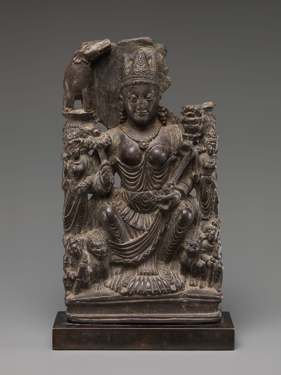 Gaja Lakshmi stone sculpture with elephants bathing the goddess, Kashmir, 6th century, The Met Museum