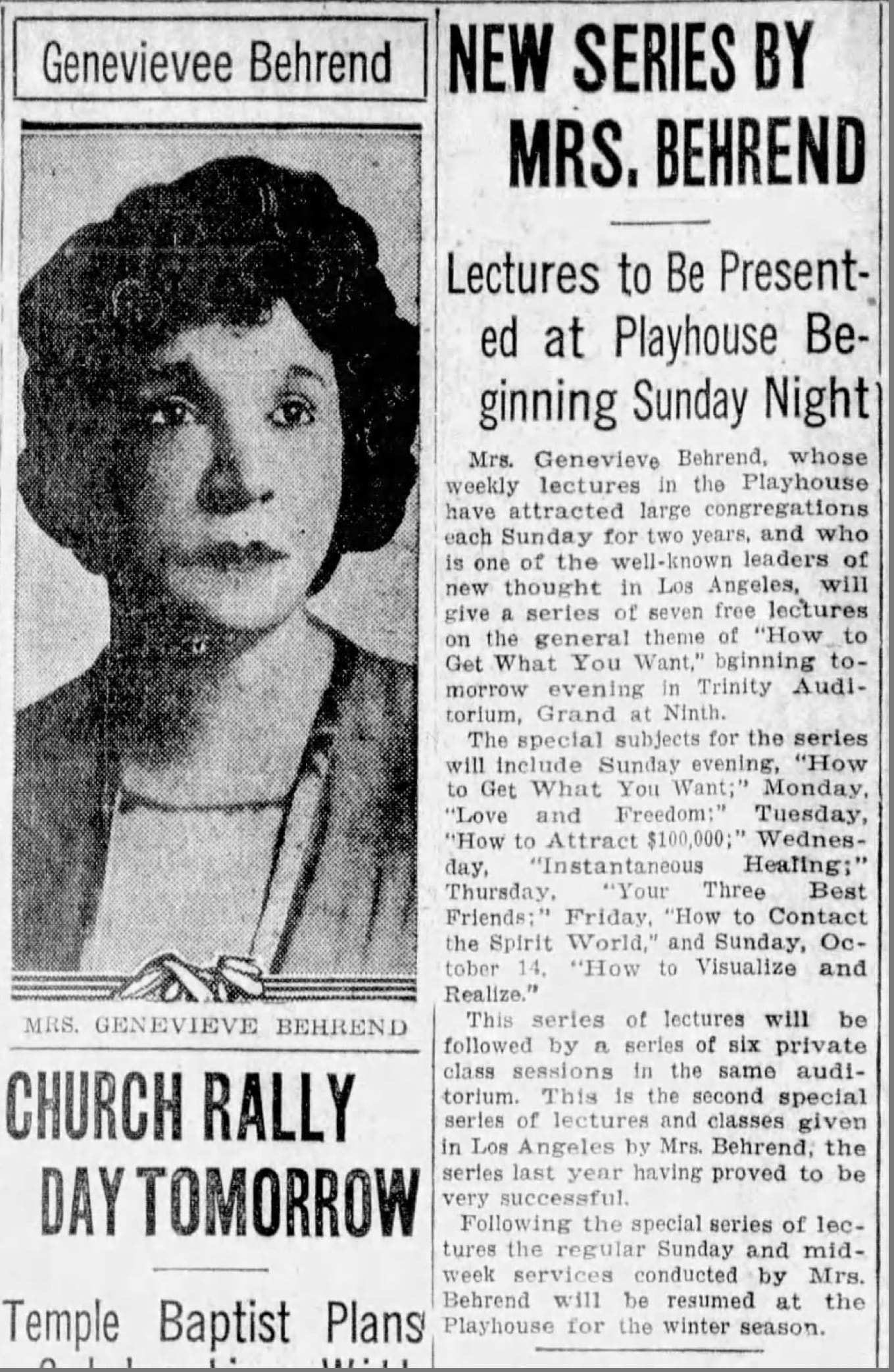 Geneviève Behrend portrait in Los Angeles Times announcing her New Thought lecture series, early 20th century