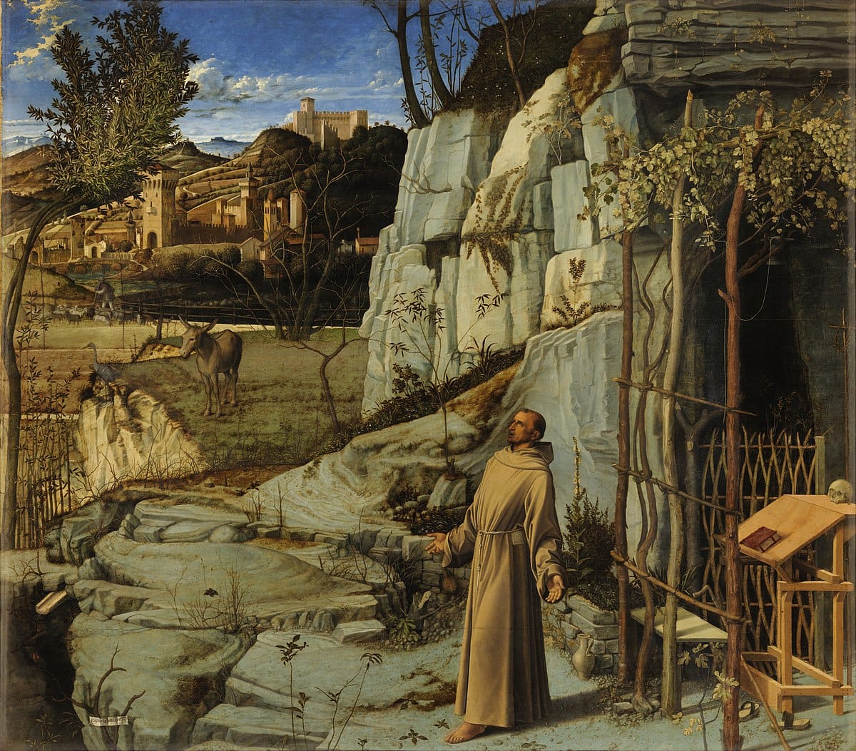 Giovanni Bellini’s Saint Francis in the Desert (c. 1480), depicting a figure inhabiting stillness within a settled environment, expressing faith as positional residence rather than belief or striving.